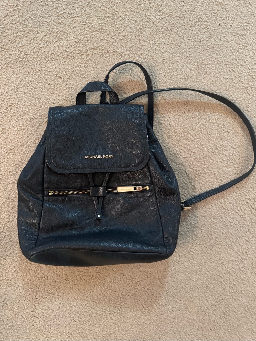 Michael Kors Black Pebbled Leather Drawstring Backpack with Gold Hardware